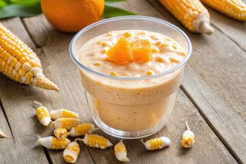 Orange yoghurt in a transparent cup with corn kernels inside, on the table
