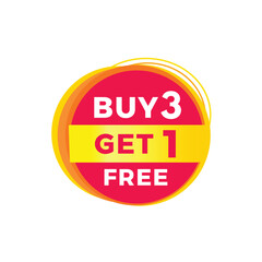 Buy 3 get 1 free red label icon for announcement, advertising, vector. Flat design template for banner.