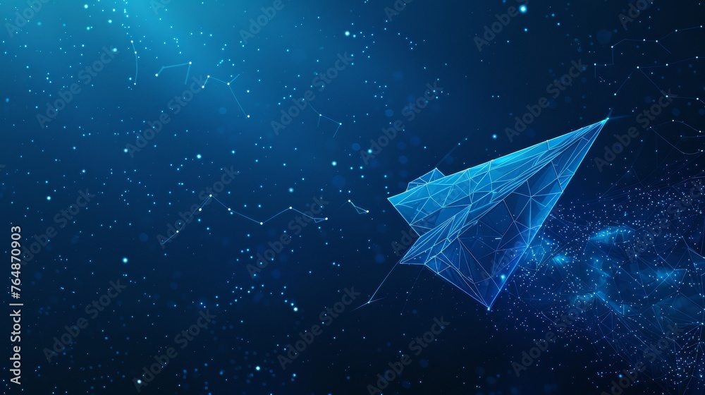 Aufkleber flying paper airplane. low poly wireframe mesh looks like constellation on dark blue background with