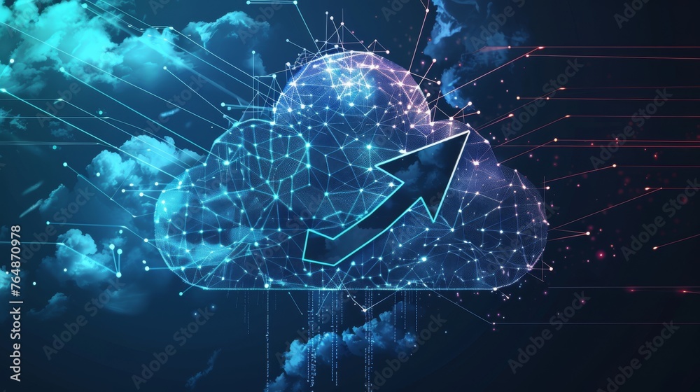 Poster A polygonal wireframe cloud storage sign on dark blue with two arrows up and down. Cloud computing, big data centers, digital AI, virtual hosting concept.