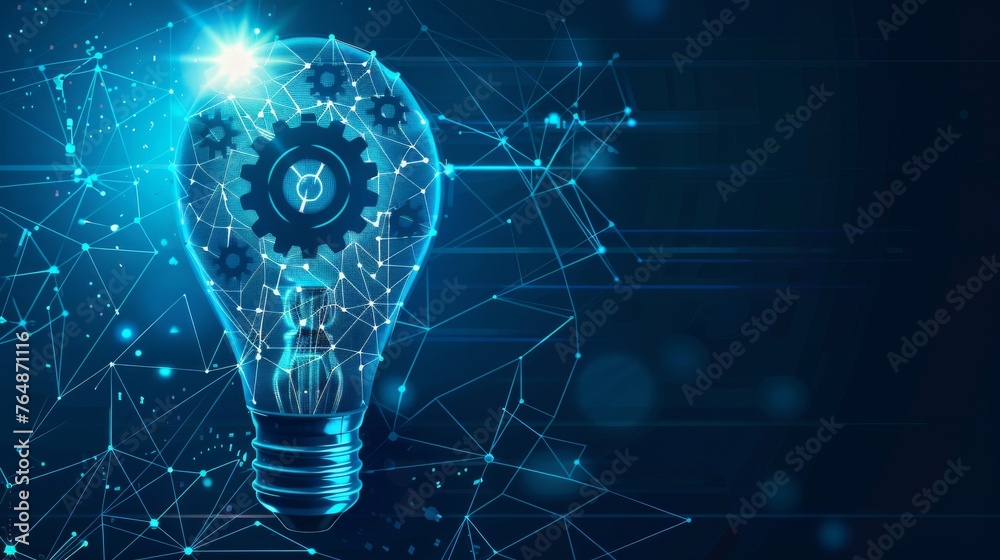 Aufkleber the blue glowing light bulb with gears inside is a machine learning and ai concept with a low poly s