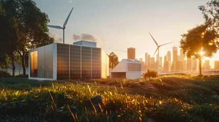 Poster This is a concept of sustainable energy solution with a beautiful sunset backdrop. It shows a frameless array of solar panels, a battery energy storage facility, wind turbines, and a big city with © Zaleman
