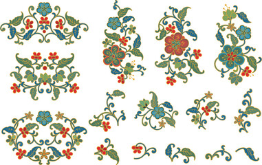 A set of vector floral ornamental designs in traditional Chinese style. Spring and summer decoration concept.	