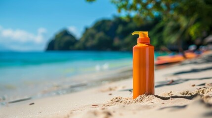 The background of an Asian beach has a sunscreen bottle on it - obrazy, fototapety, plakaty