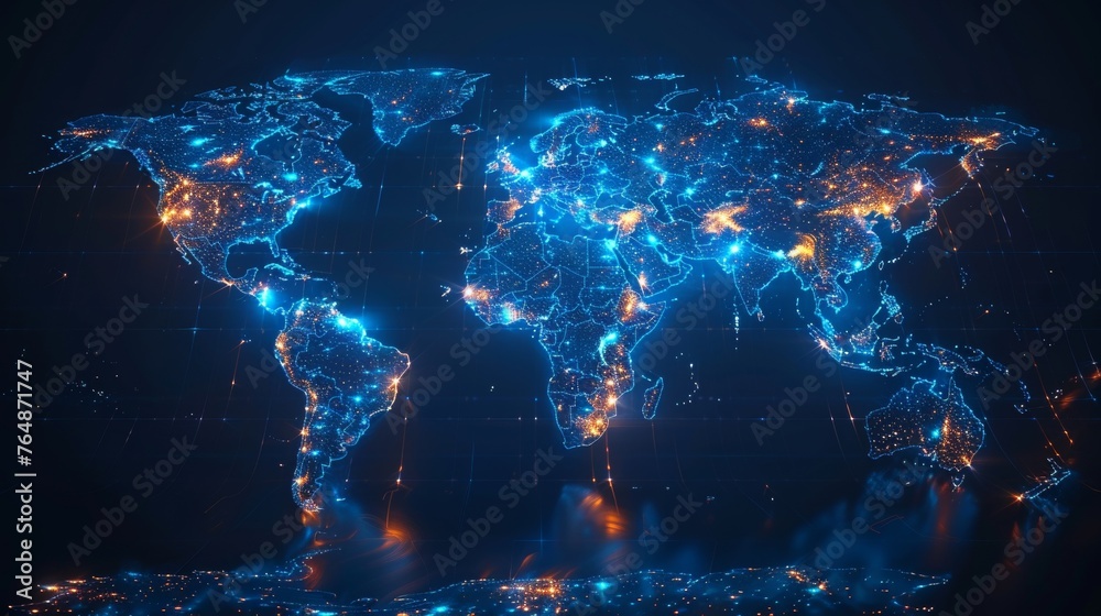 Poster Business concept for the digital grid on the basis of world maps, big data visualization, and digital grid technology
