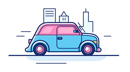 Vector illustration of a car with cityscape in the background. Flat style.