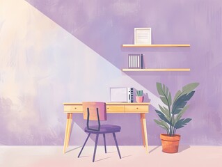 an office desk and chair with wall and a plant that sits on the shelf