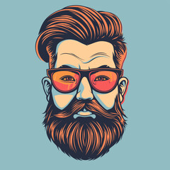 Hipster face with beard, mustache and sunglasses. Vector illustration.