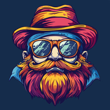 recommend clip art: Bearded hipster with hat and sunglasses. Vector illustration for your design