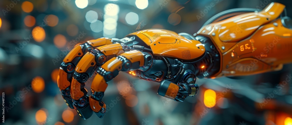 Aufkleber Robot or cyborg controlled by AI. Industry 4.0. Artificial intelligence application. Robotic mechanical hands. Abstract hud.