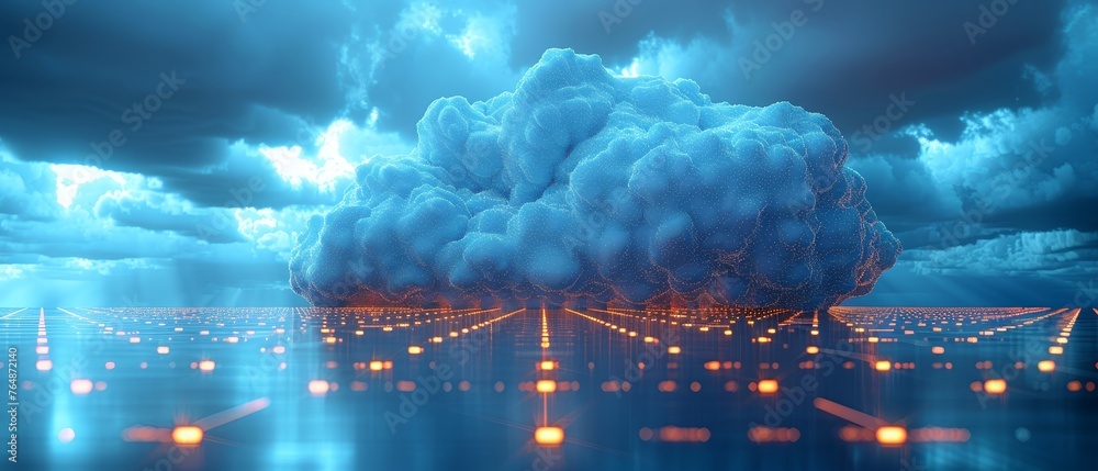 Poster Storage of data, cloud computing, computer networks communications conceptual banner. Skyscraper database. Conceptual banner for digital hardware and electronics. Cloud internet storage.