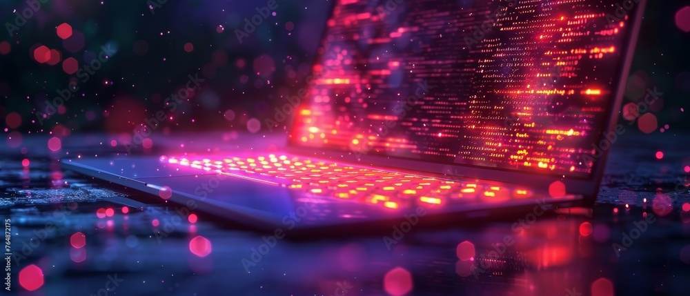 Poster Technology of software development, web design, programming concept. Programming code on screen laptop, phone, code of programs, data, interface elements on screen laptop.