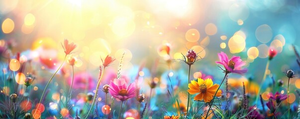 Bright and colorful wildflowers in full bloom with sunlight flares in a serene field, depicting freshness and nature's beauty - obrazy, fototapety, plakaty