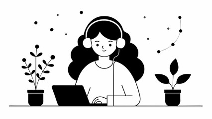 Vector Art: Young Girl Wearing Headphones Sits in Contemplation