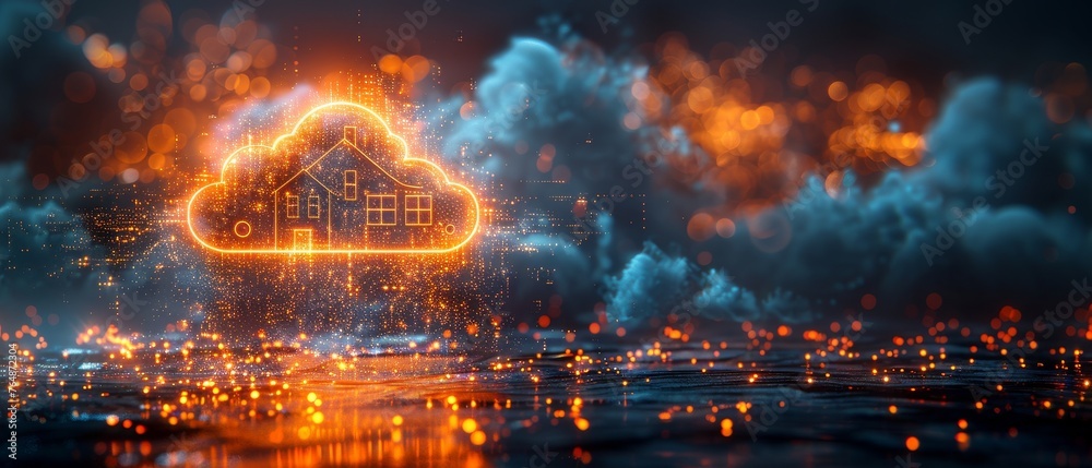 Poster The concept banner for smart home technology. A smart home that is connected to the internet through wireless internet storage. Internet of things. Intuitive neon icon of a smart home and a cloud of