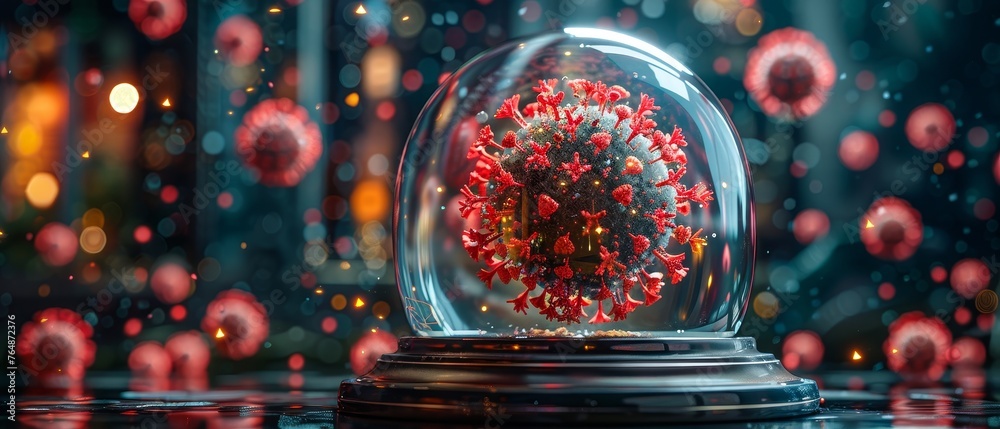 Aufkleber a mysterious concept with abstract red viruses outside a transparent glass dome. low poly digital st