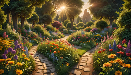 Nahaufnahme eines schönen Gartens voller bunter Blumen und Blüten mit geschwungenen Wegen an einem sonnigen Tag im Frühling oder Sommer mit strahlendem Sonnenschein, Gärtnern, Park, gestalten ländlich
