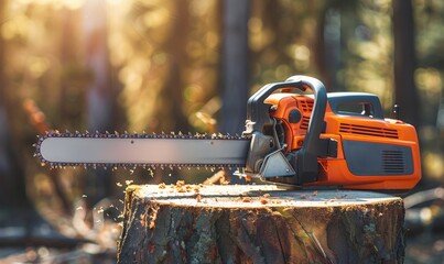 chainsaw on a stump, depicting deforestation, forestry work or tree-cutting activities and equipment usage - obrazy, fototapety, plakaty