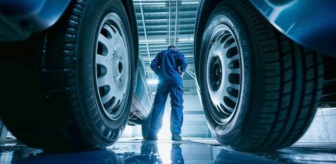 A mechanic in a blue uniform stands between two cars in a garage