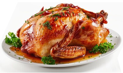 roasted chicken with a golden crispy skin laid out on a dinner table