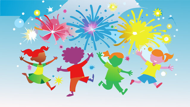 Vibrant Celebration: Kids Jumping with Colorful Fireworks on Blue Background