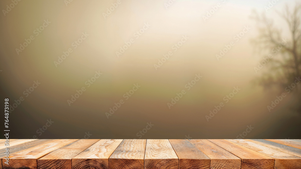 Aufkleber wooden table with a blurred background of tree and sunlight in the background. high quality photo