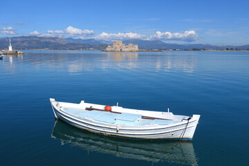 Beautiful small castle of Bourtzi built at sea a popular attraction in city of Nafplio former...