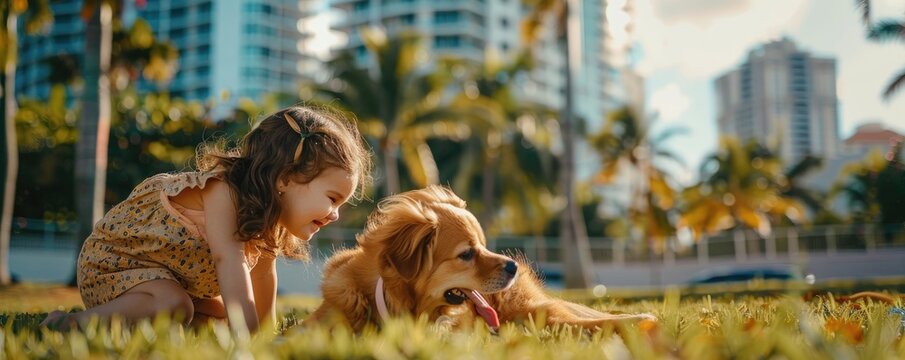 A joyful little girl with a long hair plays with her small fluffy dog in a sunny outdoor setting with buildings in the background