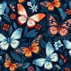 Seamless pattern with butterflies and flowers on dark blue background.