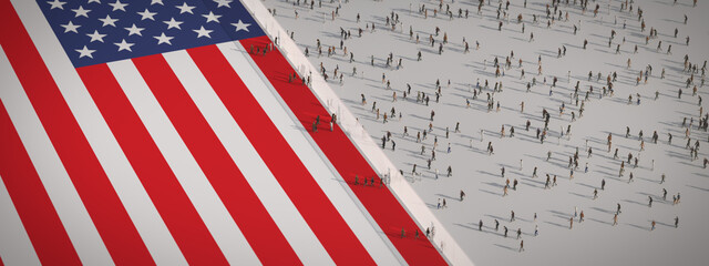 Refugees illegally break through the border to the USA. With the American flag stars and stripes. Aerial View.