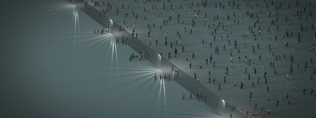 Refugees illegally break through a border at night. Aerial View.