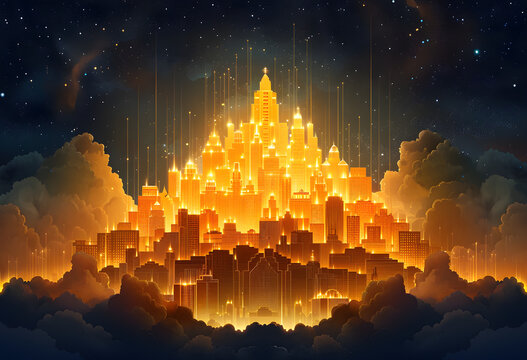 Golden city in the sky, Christian illustration depicting the concept of New Jerusalem.