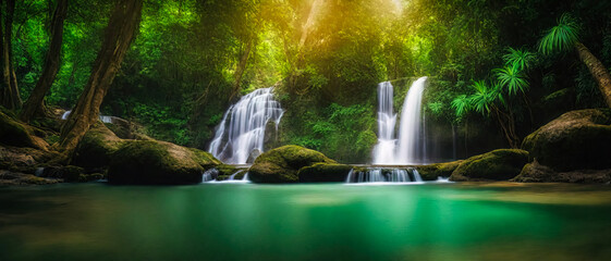 Beautiful veil cascading waterfalls, mossy rocks, blurred water. Generated AI - 764874137