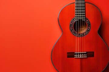 A red guitar against a red background, with a vibrant, minimalist aesthetic.