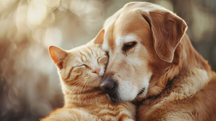 Dog and Cat Cuddling Together
