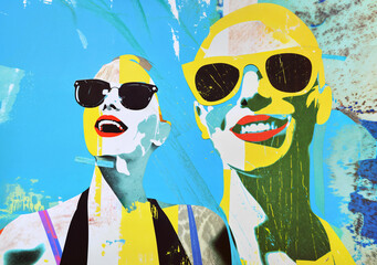 Pop collage Illustration of beautiful retro women with sunglasses over colorful and vibrant patterns and shapes, Fashion, pop art - 764874335