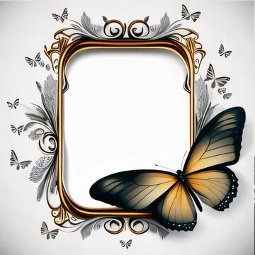 Vintage frame with butterfly on a white background. 3d illustration