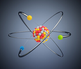 Obraz na płótnie Canvas Atom model with orbital electrons isolated on gray background. 3D illustration