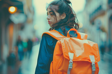 a young woman wears an orange backpack that she is carrying over her shoulder, in the style of books and portfolios, uhd image, soft-focus technique, subtle - obrazy, fototapety, plakaty