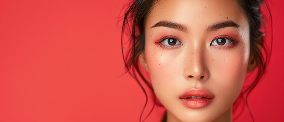Fototapeta premium a asian skin model woman's natural skin, red pastel background, with empty copy space 