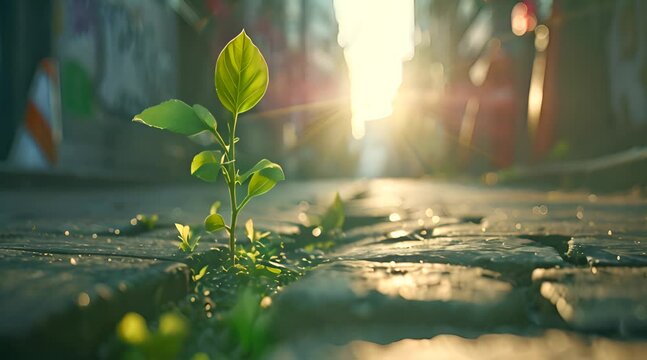 A small plant growing out of a crack in a city street. The plant symbolizes resilience and the power of life to thrive in unexpected places.