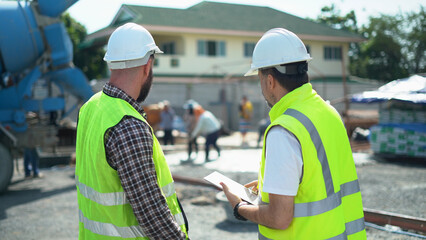 team of Construction workers Senior architect or civil engineer and foreman control labor workers pouring concrete on floors and discussion to inspection or checking with tablet at construction site. © iammotos