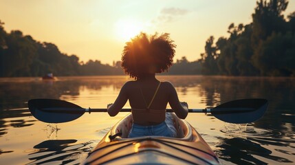 afro woman paddling in a kayak in the lake --ar 16:9 Job ID: b19ec4b2-2689-4fef-b94e-9a0d82a1a4c3 - obrazy, fototapety, plakaty