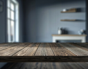 Rustic wooden table top with blurred kitchen background. High quality photo