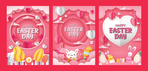 Happy easter template collection. Set of happy easter flyer template with paper cut style pink color