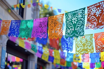 Colorful papel picado streamers fluttering in the breeze.