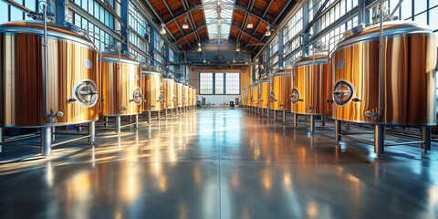 interior of modern craft brewery factory with fermentation tanks - obrazy, fototapety, plakaty
