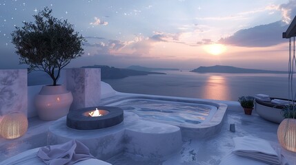Santorini vacation hotel with swimming pool at sunset