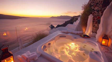 Santorini vacation hotel with swimming pool at sunset - obrazy, fototapety, plakaty