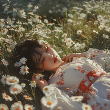 a young chineese woman leing calm on the grass in spring